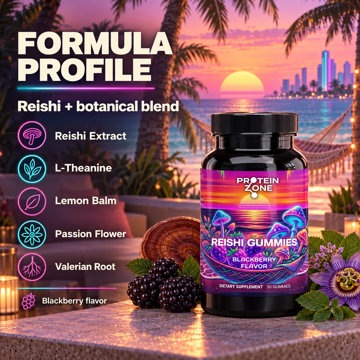 Protein Zone Reishi Gummies formula — calm Miami sunset with hammock