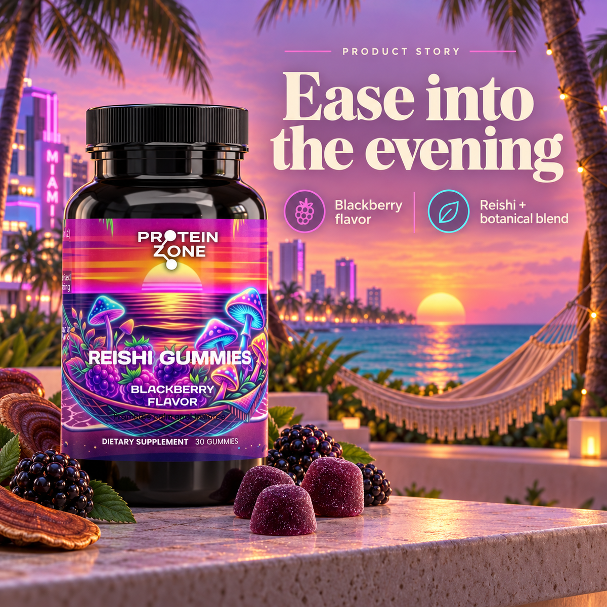 Protein Zone Reishi Gummies story — calm Miami sunset with hammock