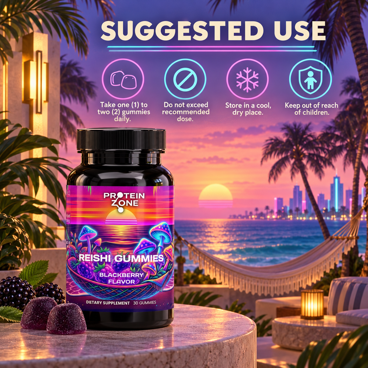 Protein Zone Reishi Gummies use — calm Miami sunset with hammock