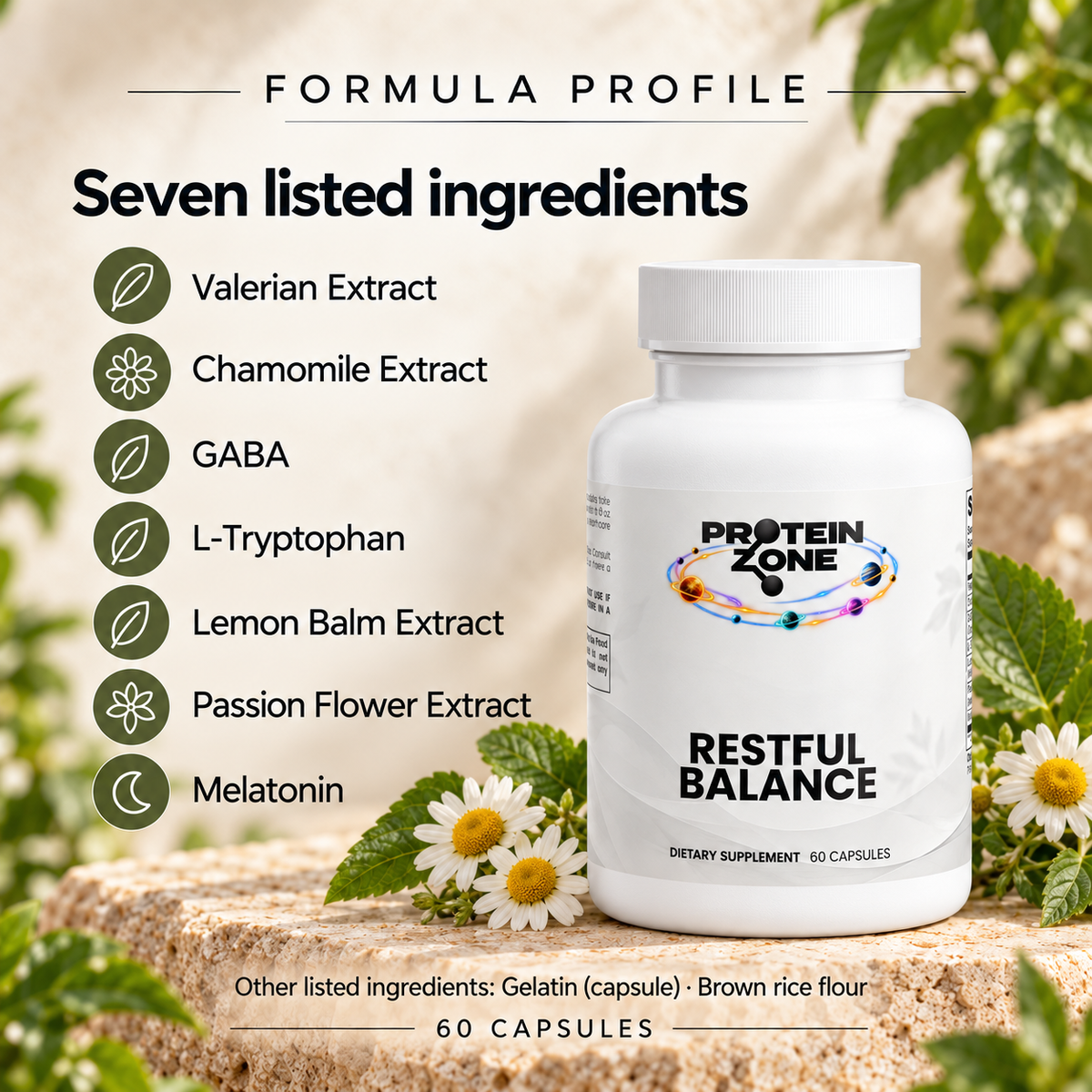 Protein Zone Restful Balance formula profile — seven ingredients