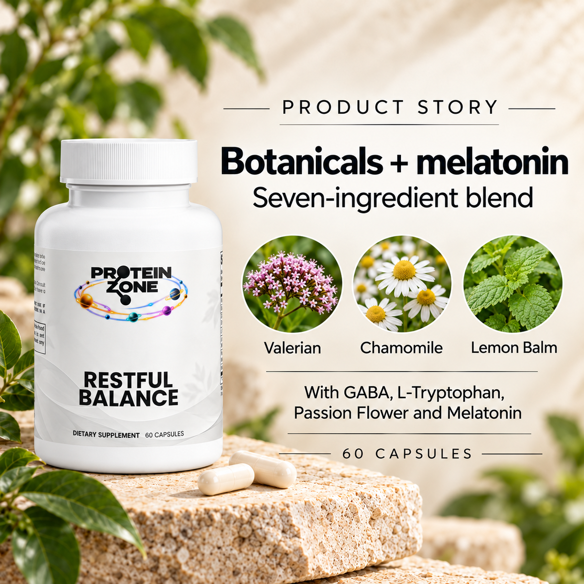 Protein Zone Restful Balance product story — botanicals and melatonin