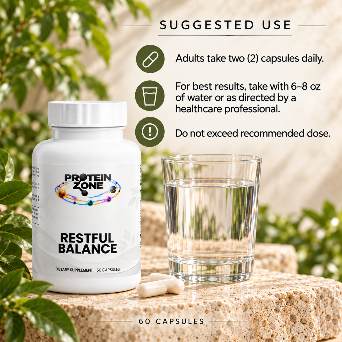 Protein Zone Restful Balance suggested use — two capsules daily with water