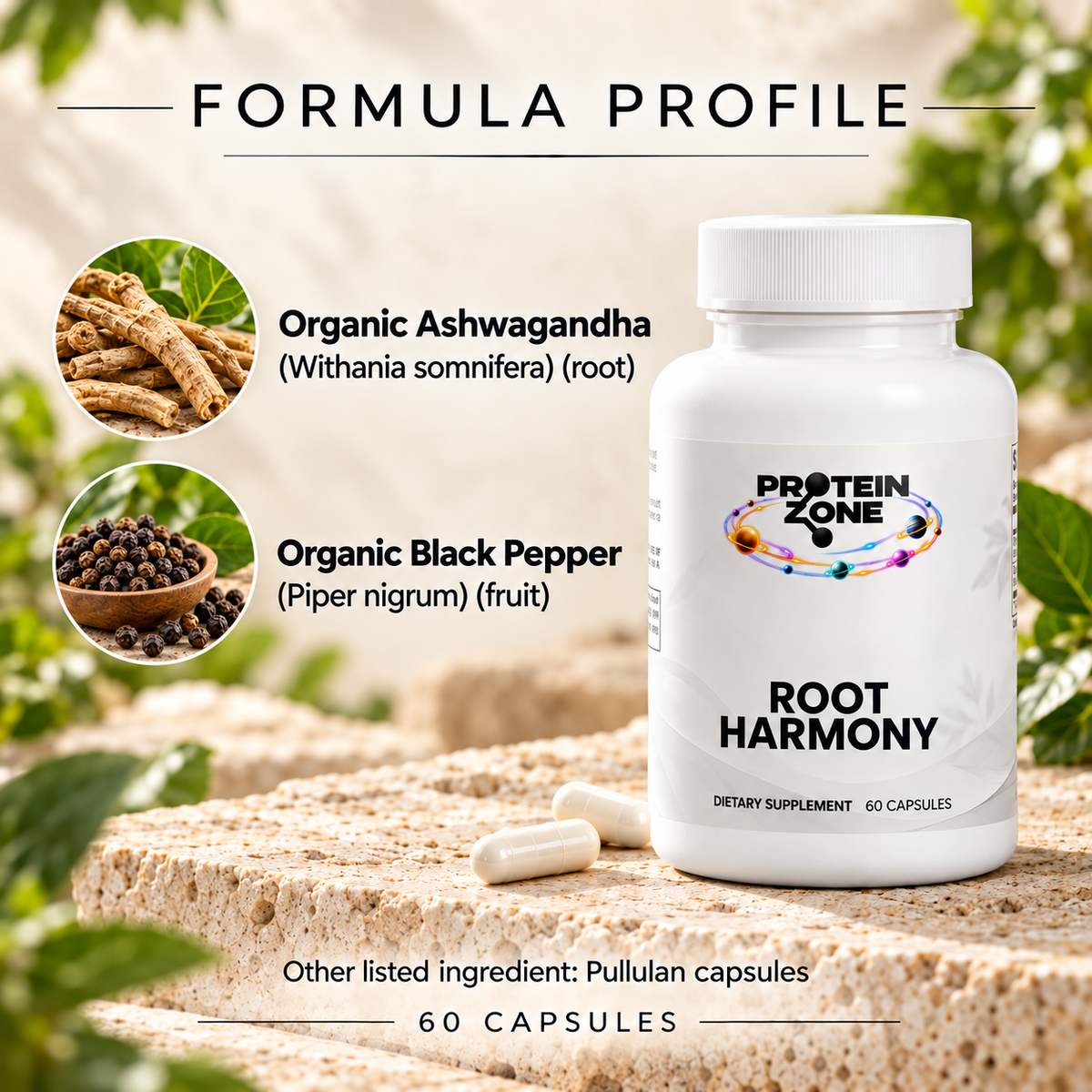 Root Harmony formula profile — organic ashwagandha and black pepper