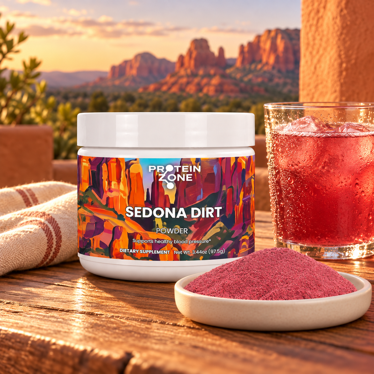 Sedona Dirt powder in a Sedona-inspired southwestern terrace setting