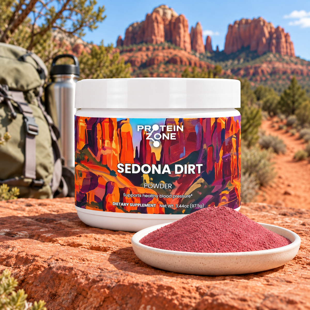 Sedona Dirt powder in a Sedona-inspired desert trail rest setting