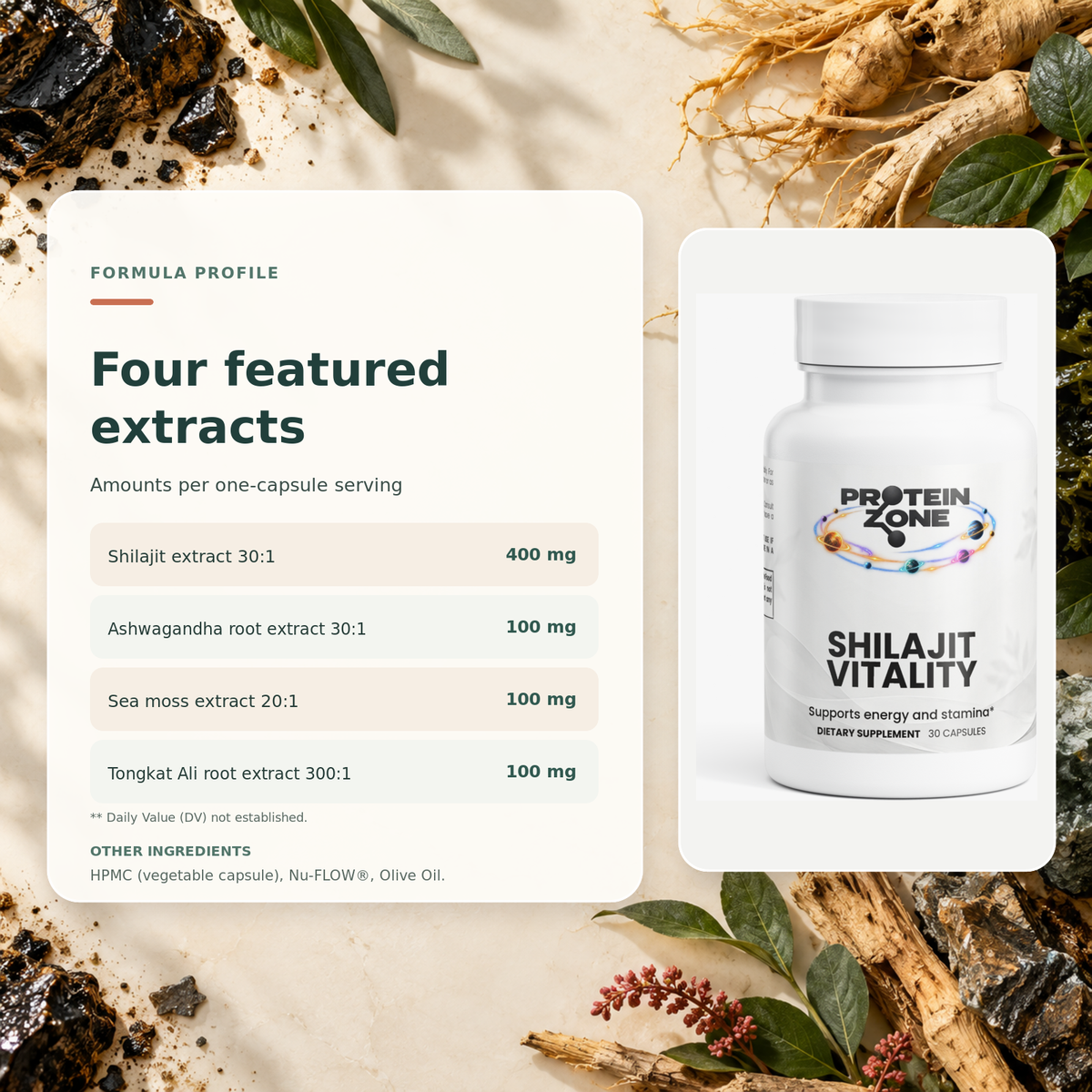 Shilajit Vitality formula amounts: shilajit, ashwagandha, sea moss, and tongkat ali extracts