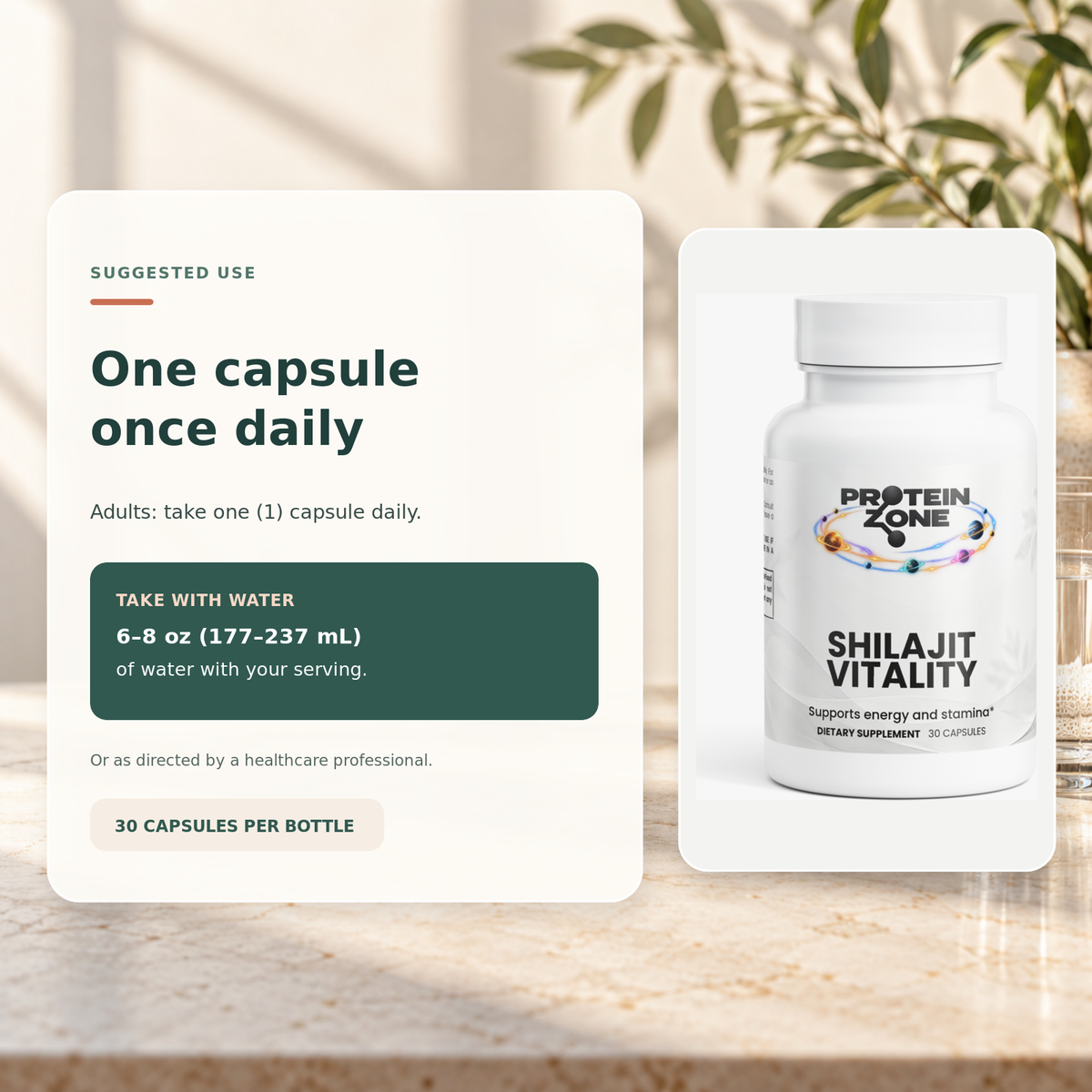 Shilajit Vitality suggested use: one capsule daily with water