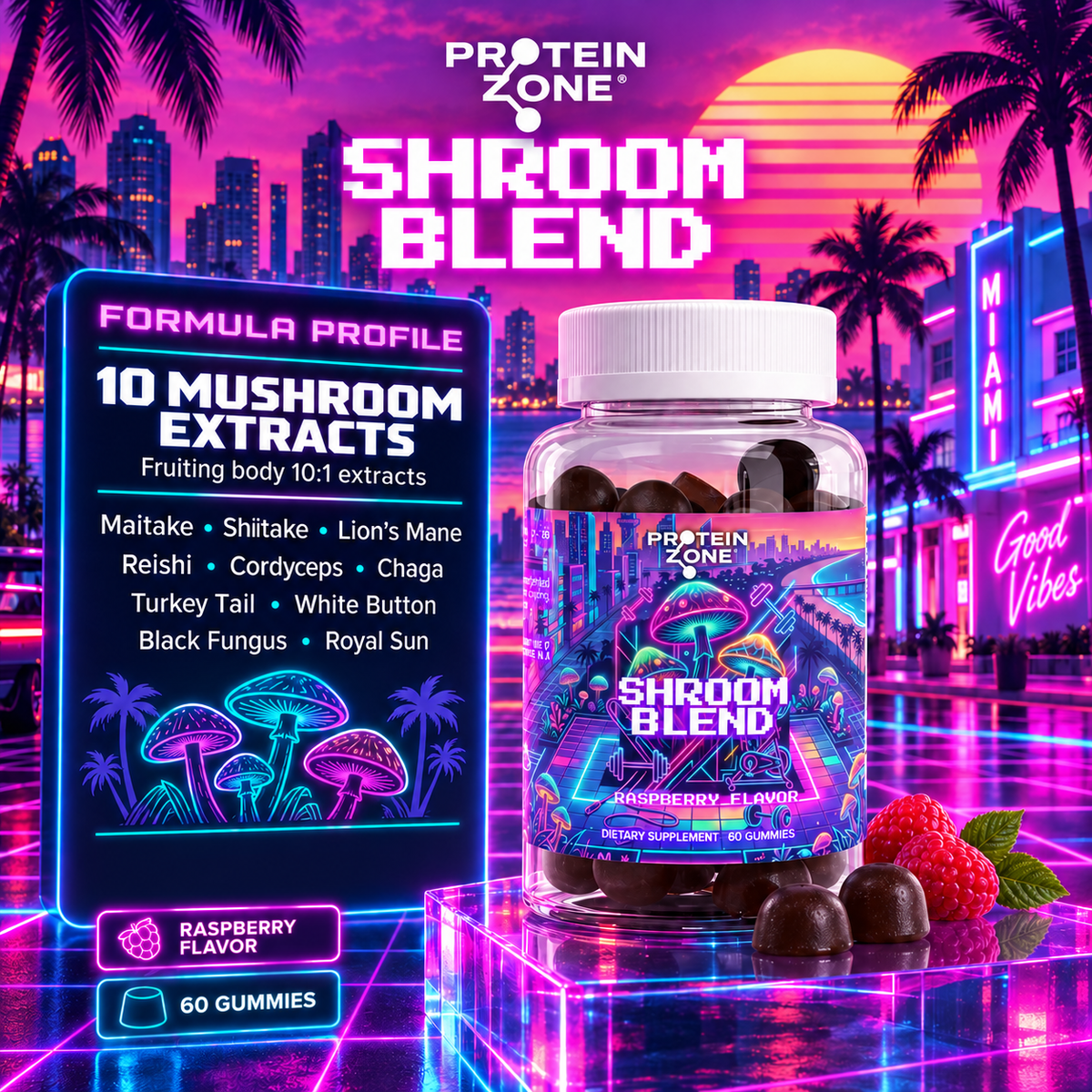 Shroom Blend formula profile — neon 80s Miami style
