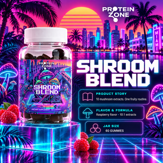Shroom Blend product story — neon 80s Miami style