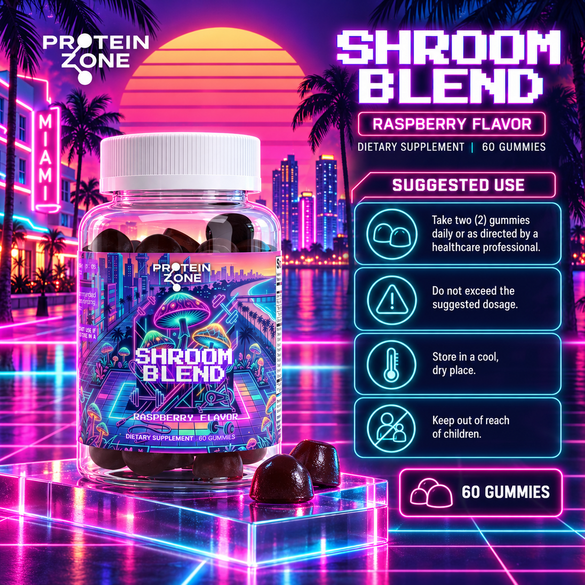 Shroom Blend suggested use — two gummies daily, neon 80s Miami style