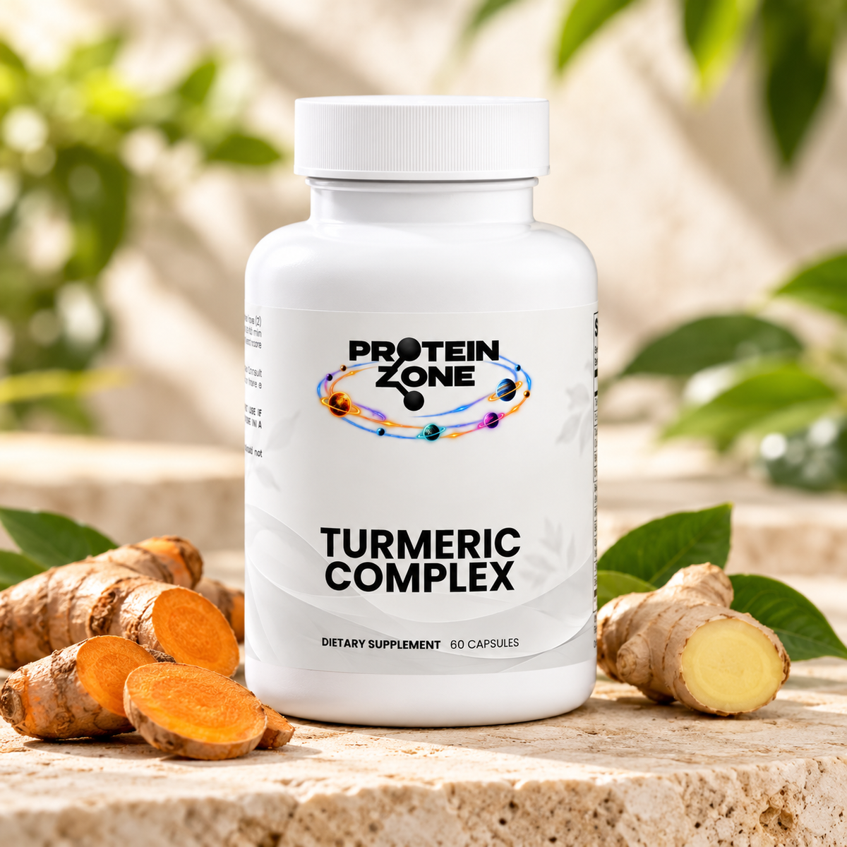 Turmeric Complex bottle with turmeric root and ginger in a warm botanical setting