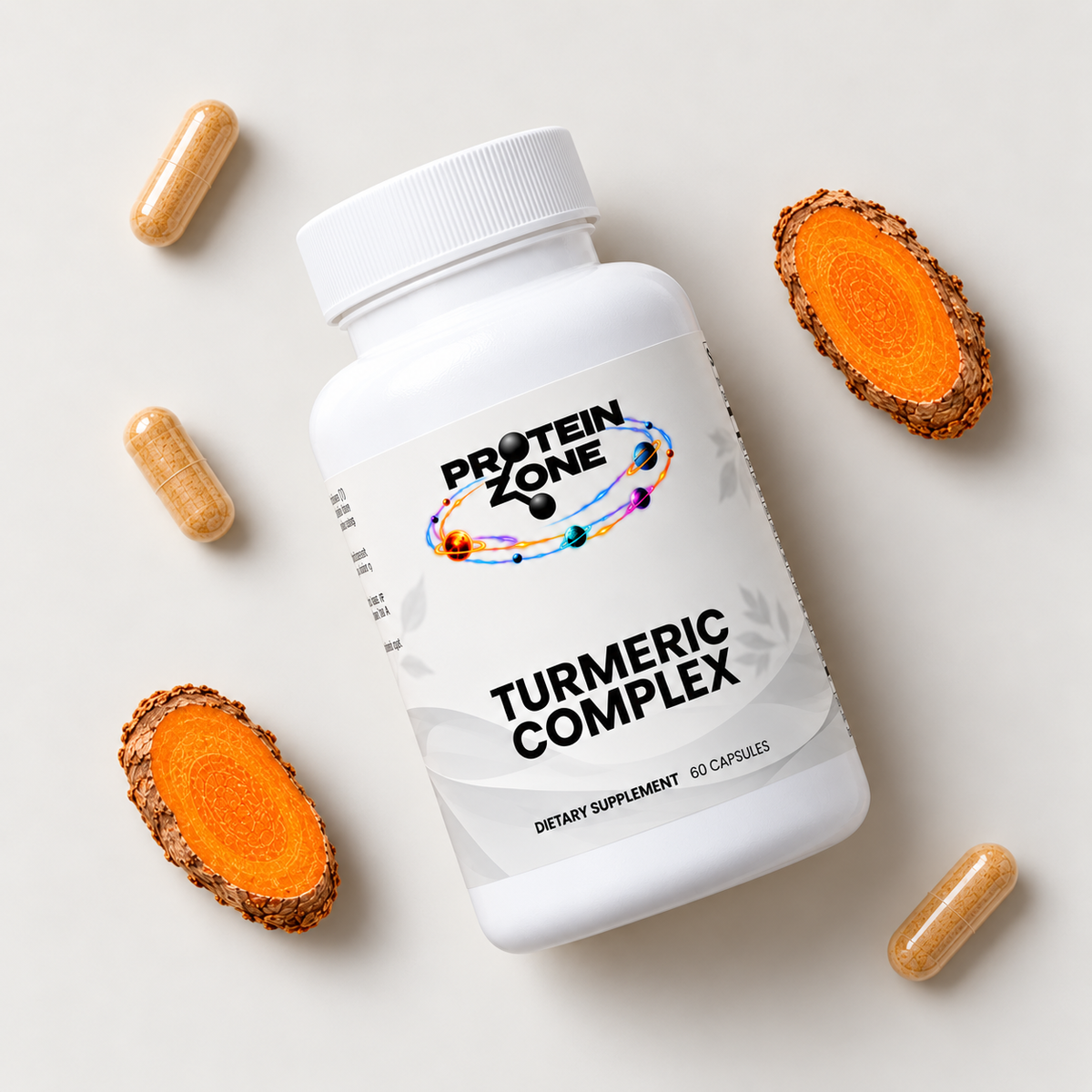 Overhead flat lay of capped Turmeric Complex bottle with turmeric and capsules
