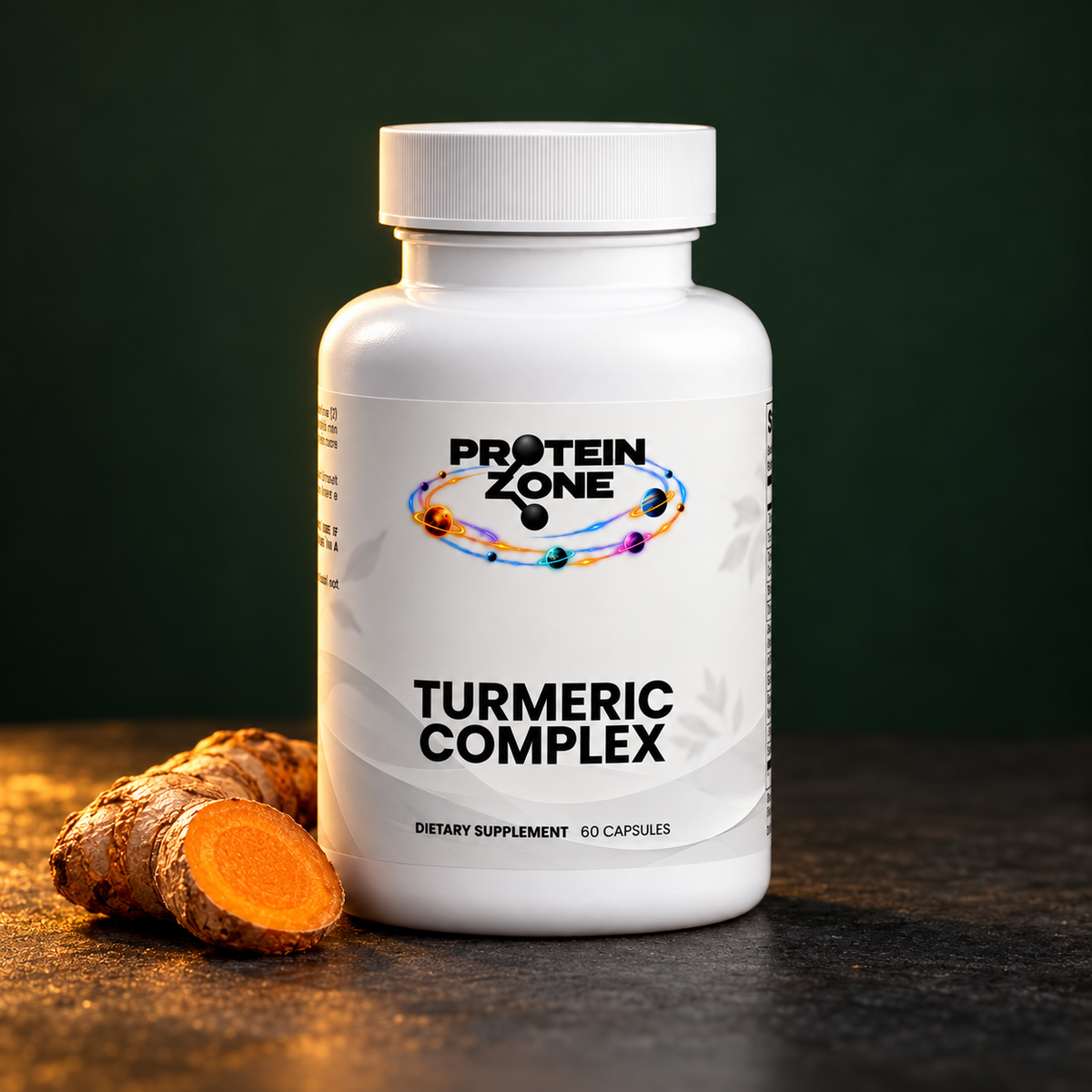 Turmeric Complex bottle in a deep green studio with turmeric root