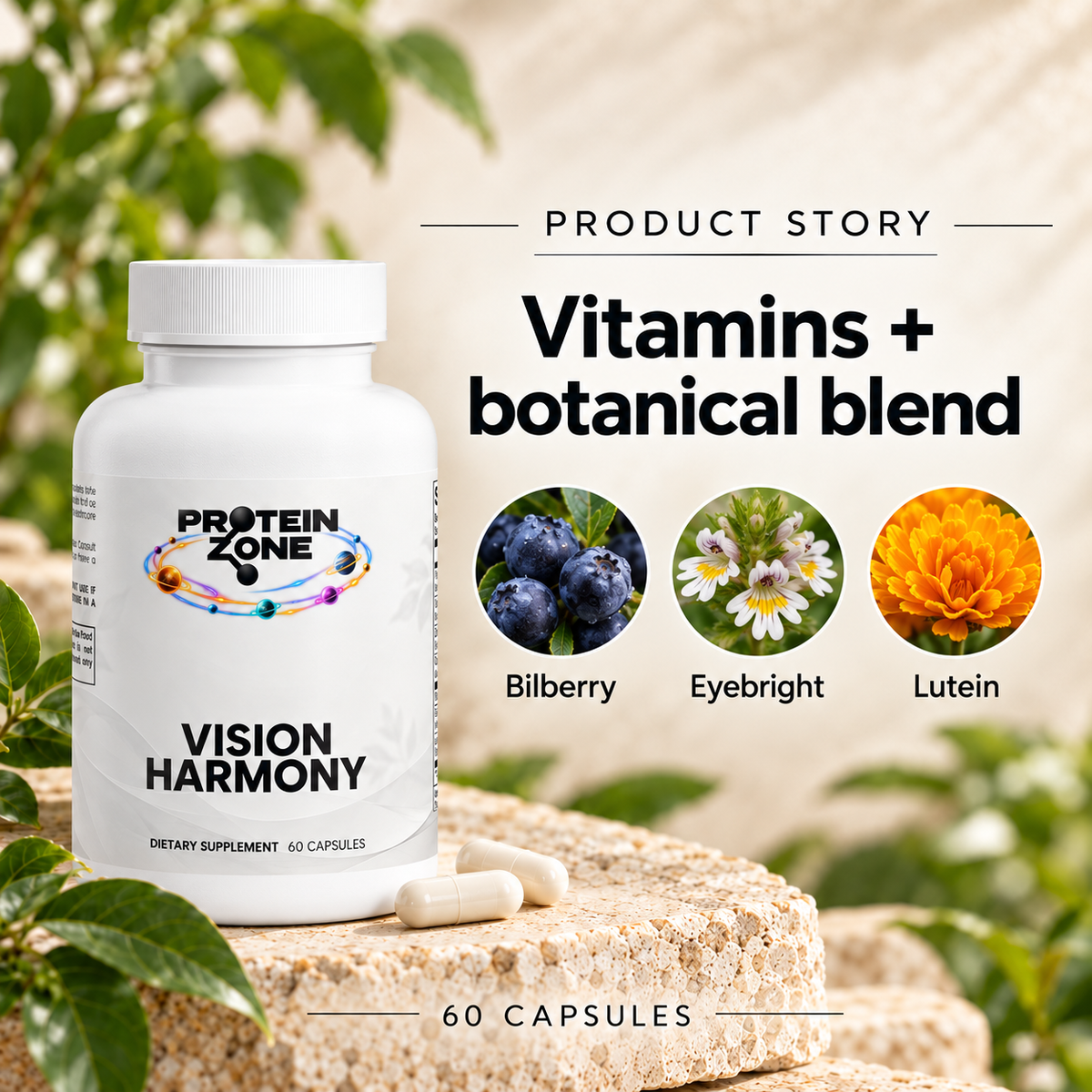 Protein Zone Vision Harmony story — cream travertine and greenery