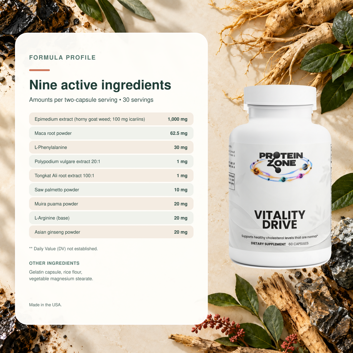 Vitality Drive supplement facts with nine active ingredients and serving amounts